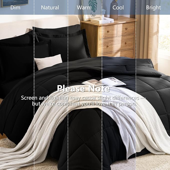 Oversized Queen Comforter Set, 7-Piece Bed in a Bag, Black | Extra-Wide Queen Coverage, OEKO-TEX Certified, Box-Stitched, 240 GSM Fill, All-Season Comfort, Sheets, Pillowcases & Shams
