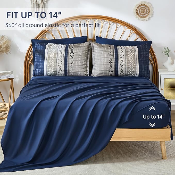 Dintszyayue Blue King Comforter Size Set, 8 Pieces Boho Grey Striped Texture Bed in a Bag Sets, Lightweight Soft Bohemian Comforter and Sheet Set, All Season Microfiber Bedding Sets for Men Women