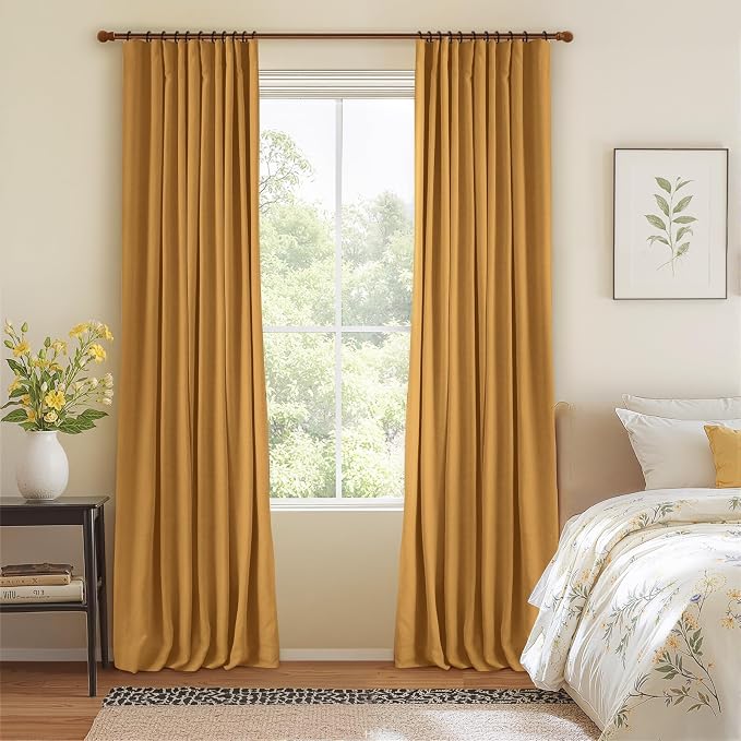 INOVADAY 100% Blackout Curtains for Bedroom Black Out Curtains 90 Inch Long | Mustard Yellow Living Room Curtains 2 Panels, Clip Rings Linen Blackout Drapes, Thermal Insulated Room Darkening,W50xL90