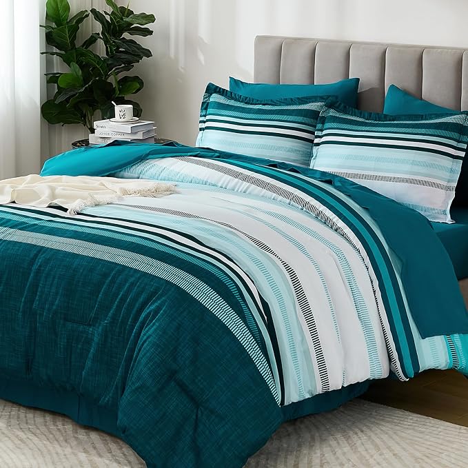Dobuyly Teal Comforter California King Size 7 Pieces, Blue Boho Striped Bed in a Bag Set Soft Microfiber All Season Bedding Set with Comforter, Sheets, Pillowcases & Shams