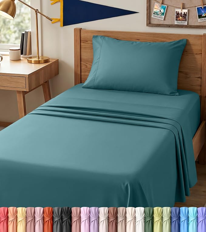 Twin XL Sheet Set, 3 Pieces 16" Deep Pocket Hotel Luxury Sheets, Denim Blue | Extra Soft Bedsheet Set, Comfy & Breathable Cooling Sheets, Wrinkle & Fade Resistant, Fitted Sheet, Flat Sheet, 1 Pillowcase