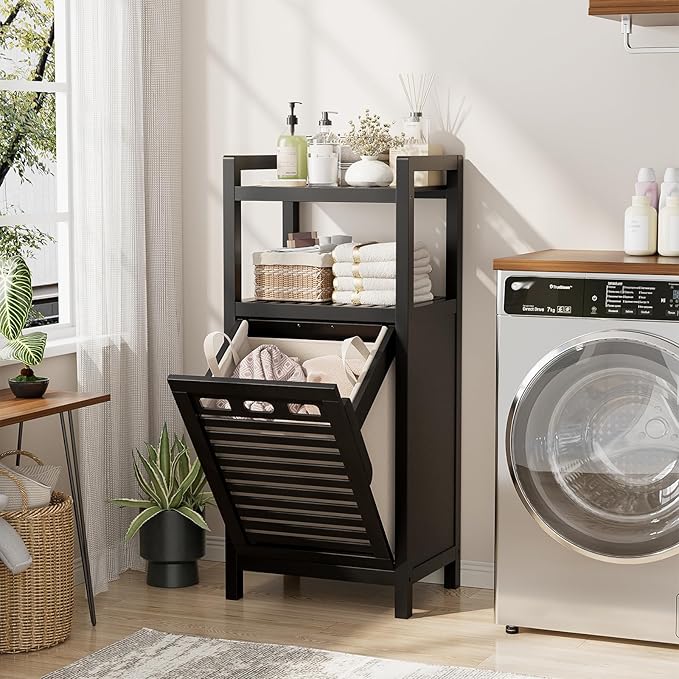 Homykic Tilt Out Laundry Hamper Cabinet, 10 Gal Bamboo Laundry Organizer | Wooden Laundry Basket with Removable Bag, Hidden Hamper with Shelf for Clothes, Bathroom, Laundry Room, Space Saving, Black