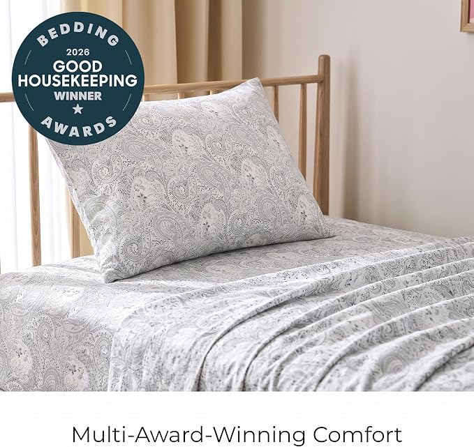 Mellanni Iconic 3-Piece, Ultra Soft Sheet Set (Twin, Paisley Gray) | 10M+ Sleepers. Lab-tested: Sleeps Cool, Stays Bright, Strong, Smooth. Good Housekeeping Best Bedding, 7 yrs running.
