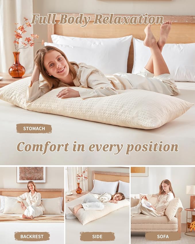 YZ HOME Waffle Weave Body Pillow for Adults, Memory Foam Insert | Long Pillow with Removable Pillowcase, Firm and Fluffy, Large Bed Pillows for Side Sleepers, Washable, 20x54 Inch, Beige