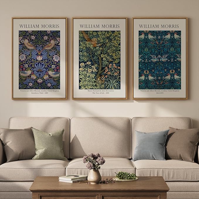 Large Framed Vintage William Morris Strawberry Thief Wall Art, Set of 3 | Fine art, Canvas artwork, Retro classic, Floral illustrations, 30x60 inch, Living room, Bedroom, Dining room, Hallway decor