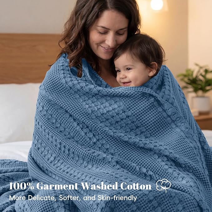 PHF Lightweight 100% Cotton Waffle Blanket for Bed, Twin XL, Denim Blue | Pre-Washed Soft Cotton Comfort, Breathable Layering Warmth for Fall & Winter, Couch & Guest Room, Couch, Home Decor & Gifts