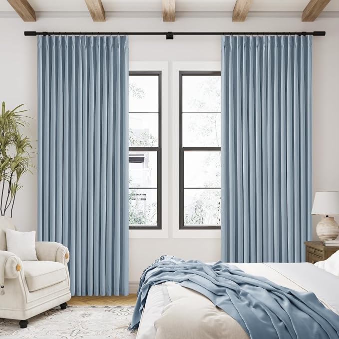Dusty Blue Linen Black Out 120 Inch Curtains for Living Room 2 Panels Set | Pinch Pleated Back Tab Drapes, Two Layer Design, Thermal Insulated Full Blackout Curtains, for Bedroom High Ceiling, W40xL120