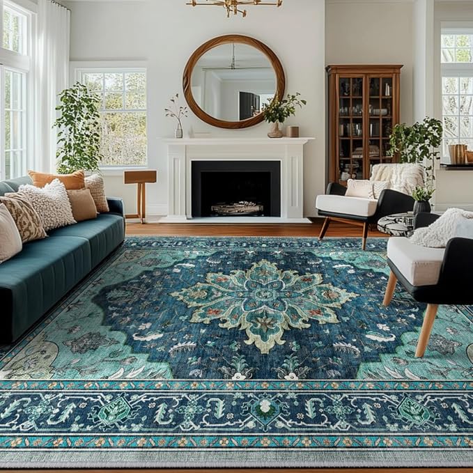 RELEANY Washable Area Rug, 8'x10', Teal | Non-Slip, Water Repellent, Pet Friendly, Easy to Clean, Vintage Floral Boho Decor for Living Room Bedroom Dining Room