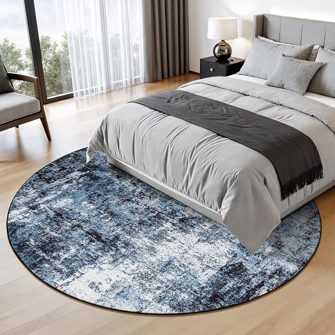 Rugflix Round Area Rugs 6Ft for Living Room, Washable Navy Blue Circle Rug | Machine Washable; Stain-Resistant; Low Pile; Non-Slip; Modern Abstract; Black Carpet for Bedroom Dining Office Nursery Home