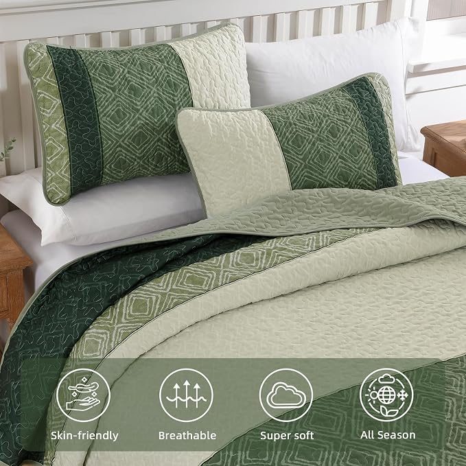 Cottolester Sage Green Quilt Set Queen,3 Pcs Summer Striped Bedspread Set | Lightweight Summer Fresh Green Patchwork Coverlets Set with 2 Pillowshams,Soft Microfiber Quilt Bedding Sets 110"x90"