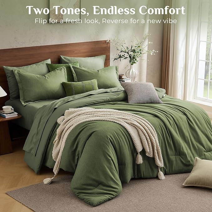 JOLLYVOGUE Queen Comforter Set 7 Pieces Dark Green, Cationic Dyeing Bed in a Bag Queen, Double-Tone Bedding Set with Down Alternative Comforter, Sheets, Pillowcases & Shams