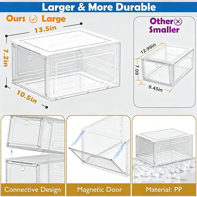 Sturdy Clear Shoe Organizer with Magnetic Door, Stackable Shoe Storage Box | Thick Plastic Shoe Storage for Sneakers & Boots, Collapsible Closet Shoe Rack and Clear Shoe Box, 6 Pack White