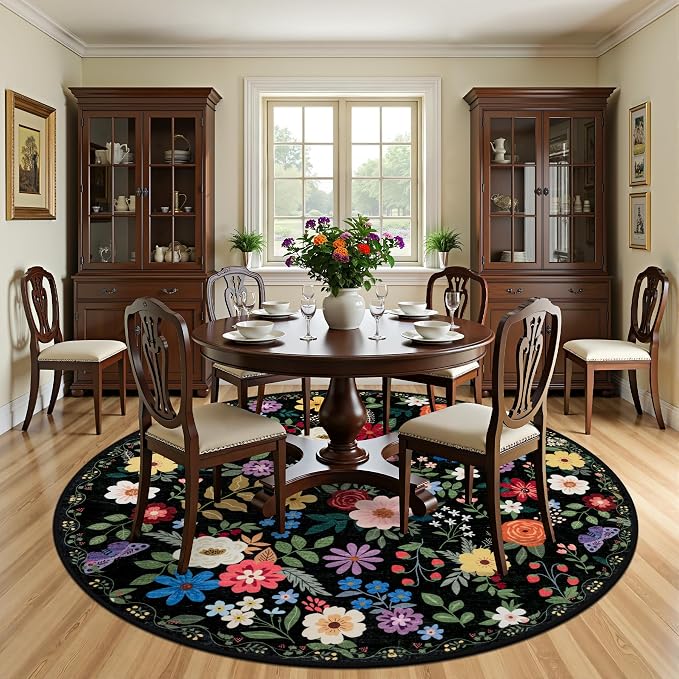 PLHXFR Round Area Rug Living Room: 8 ft Floral Washable Soft Carpet Black | For Bedroom Dining Room Farmhouse Nursery Hallway,Vintage Floral,Machine washable,Non Slip,Stain Resistant,Large Indoor
