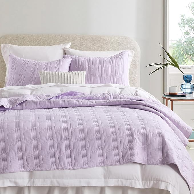HORIMOTE HOME 100% Cotton Quilt Set Twin Size, Lavender Pre-Washed 2-Piece Bedspread Coverlet Set, Cozy Lightweight Stitching Decorative Bedding Cover with 1 Shams in Geometric Pattern for All Season