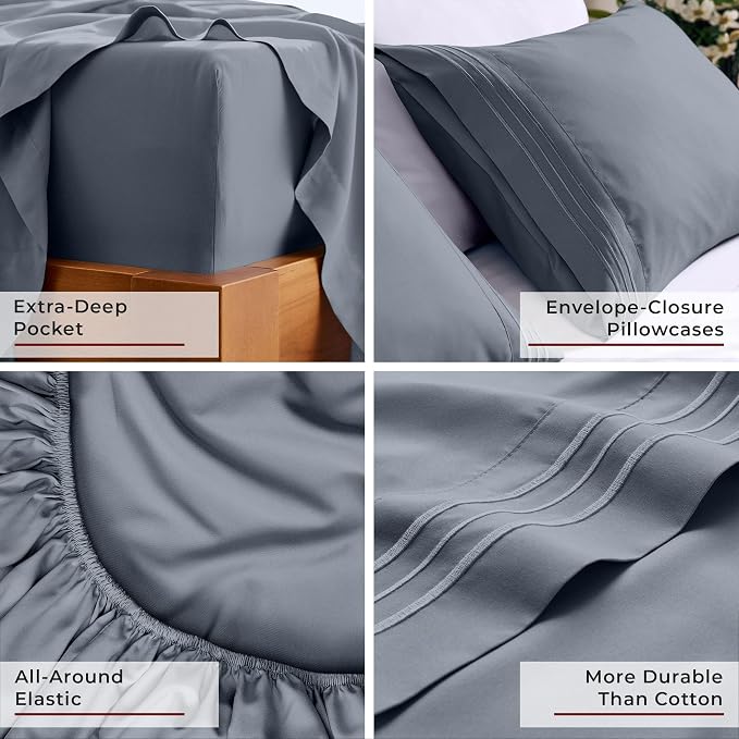 Mellanni Iconic 5-Piece, Ultra Soft Sheet Set (Split King, Mineral Gray) | 10M+ Sleepers. Lab-tested: Sleeps Cool, Stays Bright, Strong, Smooth. Good Housekeeping Best Bedding, 7 yrs running.