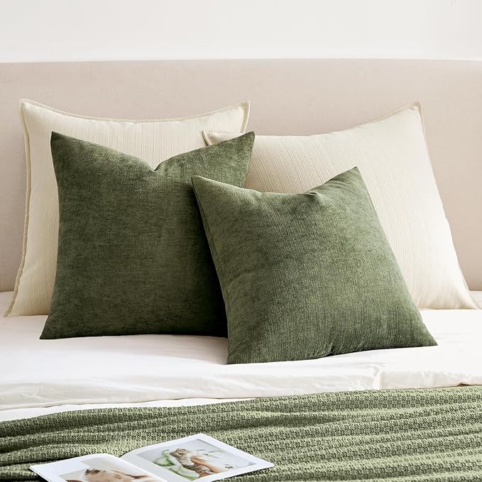 MIULEE Olive Green Chenille Couch Throw Pillow Covers, 20x20 | Set of 2, Soft Modern Farmhouse Style, Decorative Pillowcases for Sofa Living Room Bed, Home Decor