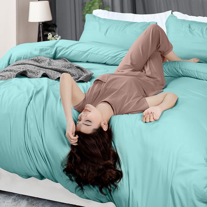 Duvet Cover Queen, 3 PC Cotton Like Polyester With Zipper Closure, Spa Blue | Extra Soft and Breathable, Wrinkle & Fade Resistant, Includes Duvet Cover and 2 Pillow Shams, Comforter Not Included, OekoTex