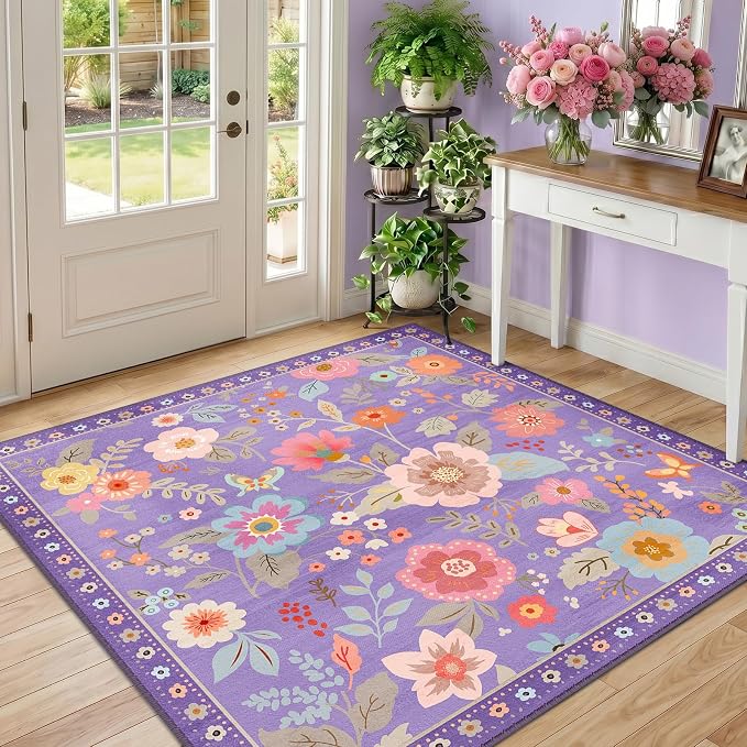 RELEANY Floral Washable Square 5ft Area Rug Purple/Pink | Flower Carpet, Print, Boho, Non-Slip, Easy to Clean, Soft, Low Pile for Living Room Bedroom Kitchen Office Entryway Hallway
