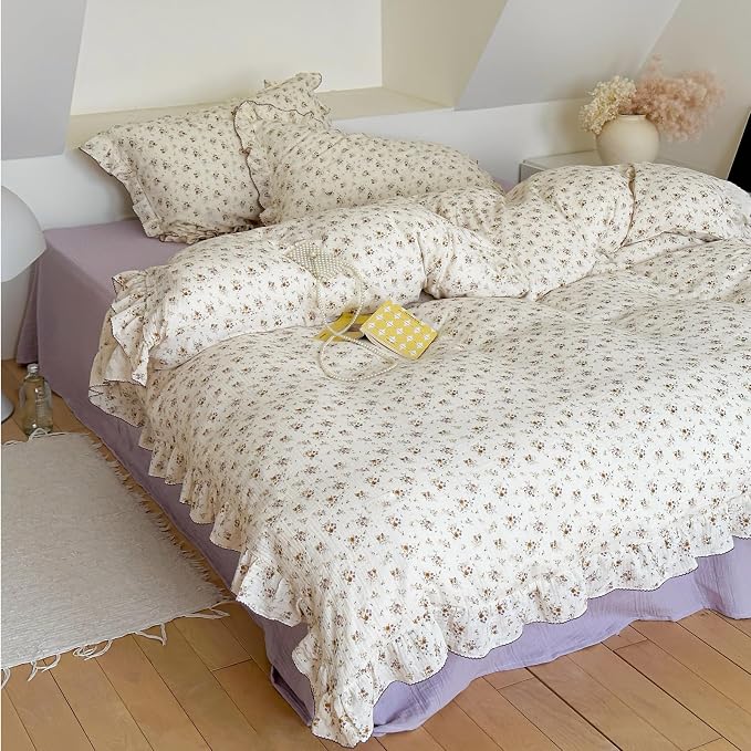 Muslin Cotton Kids Duvet Cover Twin Size, 68"x86", Shabby Chic Crape Flower Design Girls Quilt Cover Vintage Princess Style Bedding Ruffled Comforter Cover Floral Print, No Pillowcase