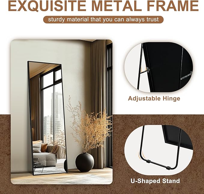 Full Length Mirror with Stand, 69x24 Black Floor Mirror | Aluminium alloy frame with HD float glass for distortion-free reflection. Free standing or wall mounted.