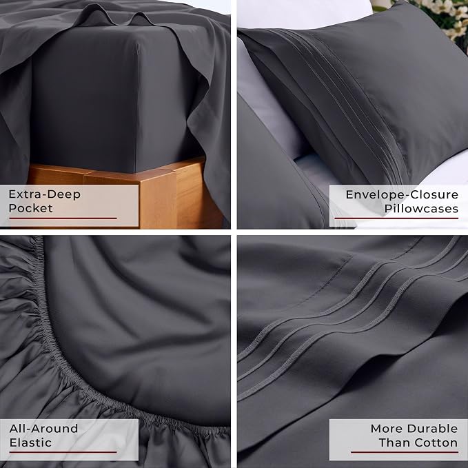 Mellanni Iconic 5-Piece, Ultra Soft Sheet Set (Split King, Charcoal) | 10M+ Sleepers. Lab-tested: Sleeps Cool, Stays Bright, Strong, Smooth. Good Housekeeping Best Bedding, 7 yrs running.
