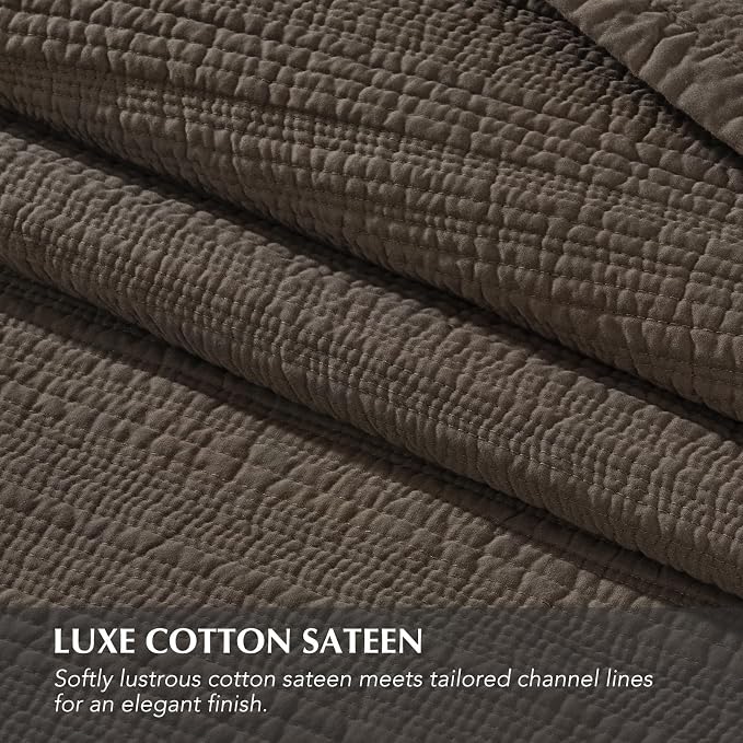 EVERGRACEHOME Cotton Sateen Channel Quilt Set, King Size, Espresso Brown | 100% Cotton, Pre-Washed Soft Coverlet Bedspread, 3-Piece Refined Channel Stitch Bedding Set for All Season, 2 Pillow Shams