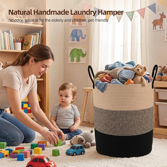 OIAHOMY 60L Nursery Hamper Laundry Basket Laundry Hamper Yellow/Black | collapsible Blanket Basket Cotton Rope Woven Basket Dirty Clothes Hamper Baby Hamper Tall Clothes Hamper with Handles