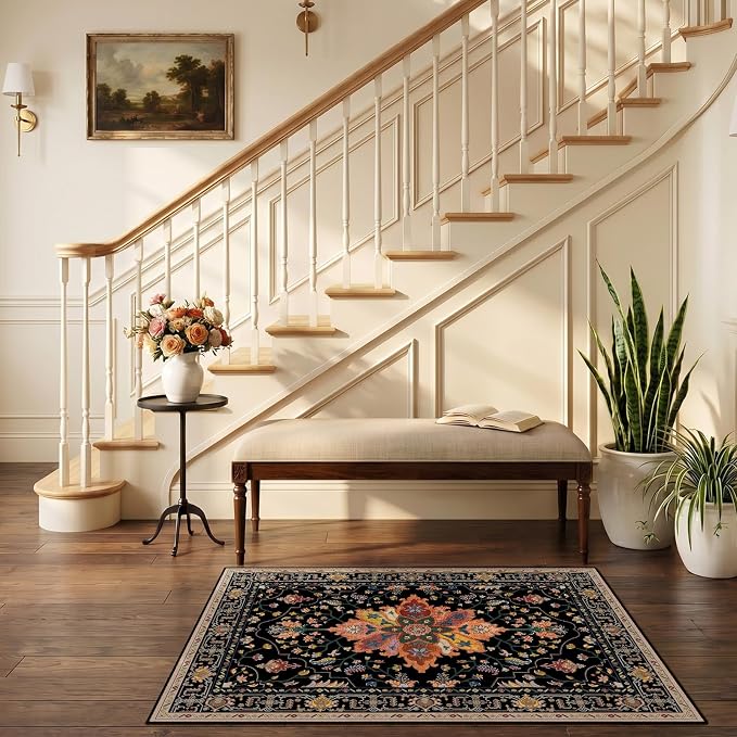RELEANY Washable Area Rug, Small 2'6"x4', Black/Colorful | Non-Slip, Water Repellent, Pet Friendly, Easy to Clean, Vintage Floral Boho Decor for Kitchen Entryway Bathroom