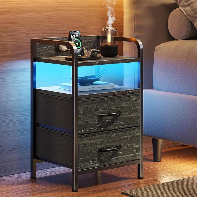 Huuger Nightstands Set of 2, Night Stand with LED Lights, Charging Station | USB-C Ports, 2 Drawers Bedside Table, Open Shelf, 2-Way Power Panel Install, End Table, Charcoal Black Wood Grain Print