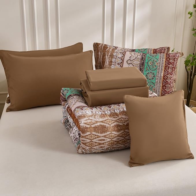 Cottolester Boho Queen Comforter Set 8 Pieces, Brown Bohemian Striped Bed in a Bag, Paisley Soft Microfiber Bedding Comforter Set