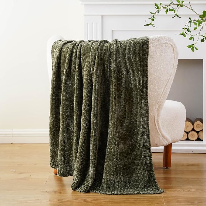 Olive Green Chenille Throw Blanket for Couch, Cozy Knit Throw Blanket 51x67 | Shiny Chenille Blanket, Super Soft Dark Green Blankets Knitted Blankets for Bed Sofa Home Decor