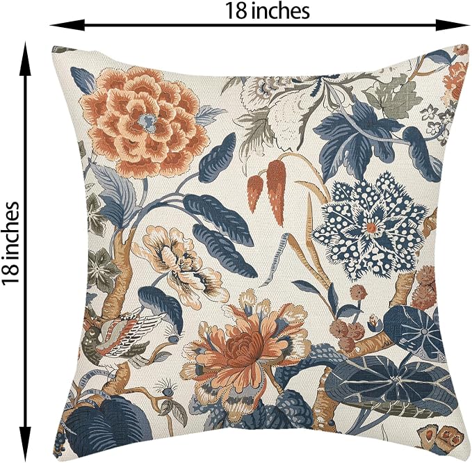 Navy Blue Orange Boho Pillow Covers 18x18 Inch 2 Pcs Chinoiserie Blue Floral Bird Decor Throw Pillows Vintage Flower Seasonal Outdoor Farmhouse Pillowcase Linen Cushion Cover for Couch Sofa