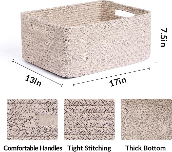 MiniArk Large Storage Baskets for Organizing, 17 x 13 x 7.5” Closet Shelf Baskets for Clothes Blanket Towels, Baby Nursery, Toy Bins Box, Woven Rope Baskets, 4 Packs Mixed Brown