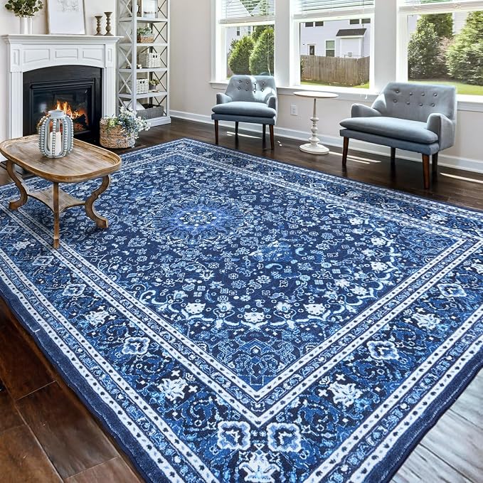 8 x 10 Area Rugs for Living Room, Washable Bedroom Large Rug Blue | Boho Low Pile Rug for Dining Room, Floral Medallion Vintage Carpets with Non-Slip Backing, Kids Pet Friendly, Fit All Vacuums