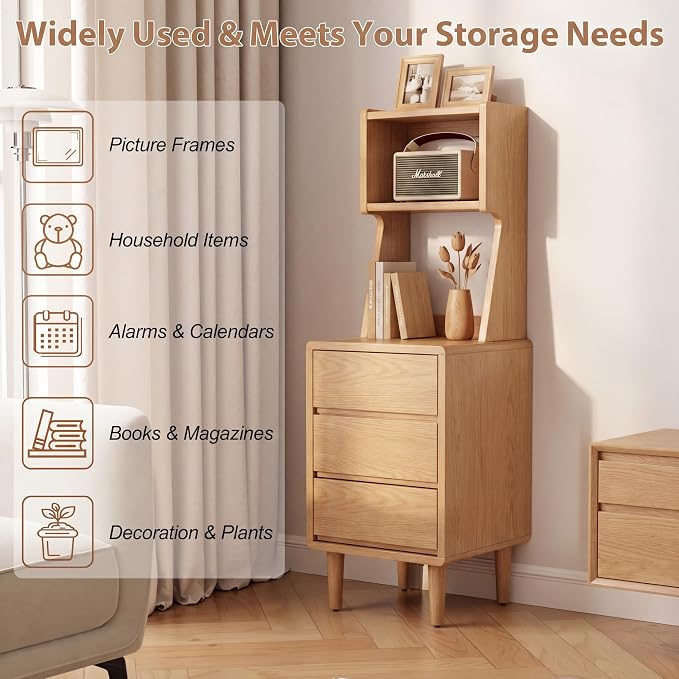 Solid Wood Bookshelf Nightstand Combo, Tall Nightstand with Bookshelf | Oak Nightstand Bookshelf,Narrow Nightstand with Drawers,Open Shelf Bookcase,for Bedroom,Living Room,Offices