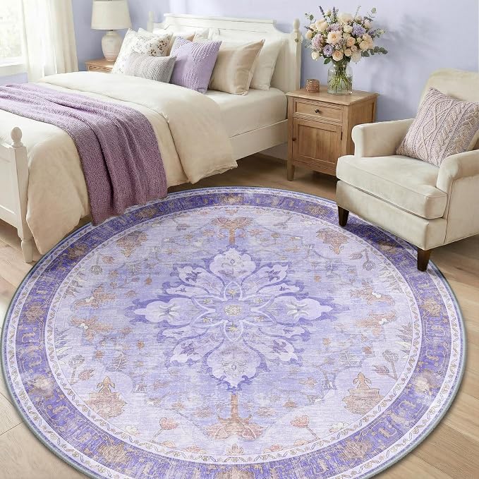 RELEANY Washable Area Rug, Round 6ft, Purple | Non-Slip, Water Repellent, Pet Friendly, Easy to Clean, Vintage Floral Boho Decor for Living Room Bedroom Dining Room