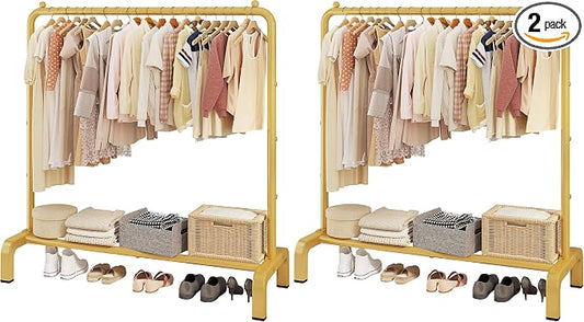 JIUYOTREE Metal 43.3 Inches Garment Rack with Bottom Shelf Clothing Rack for Hanging Clothes Coats Skirts Shirts Sweaters Gold (Pack of 2)
