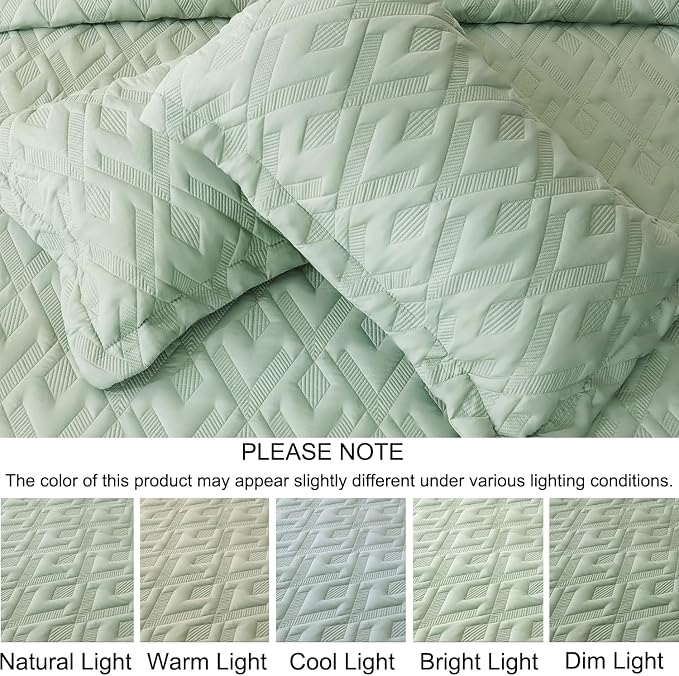 Cmfshape Diamond Embroidery Quilt Set,3 Pieces King Quilt Bedding Set,Lightweight Soft Quilt Set for All Seasons,Soft Bedspread Reversible Coverlet(Green,106"x96")