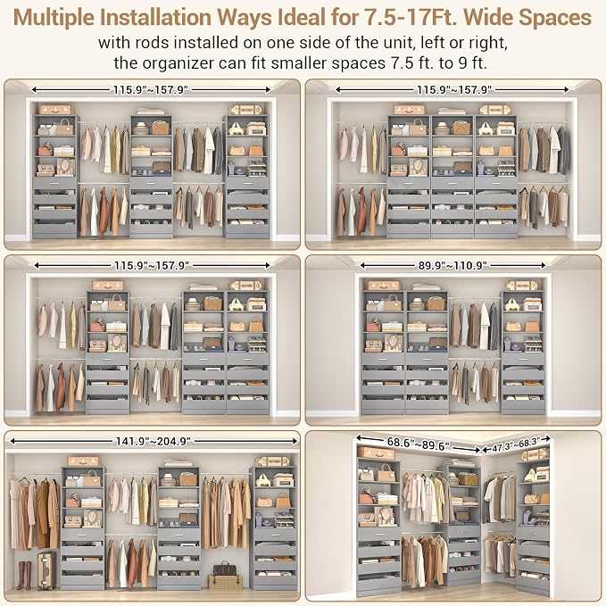 Aheaplus Closet System with 12 Drawers, 8.5-11.5Ft Wood Closet Organizer | Grey Closet Storage with 4 Hanging Rods & 3 Towers, 4Ft & 6Ft L-Shaped Walk-in Closets Wardrobe Organizer, Set of 3