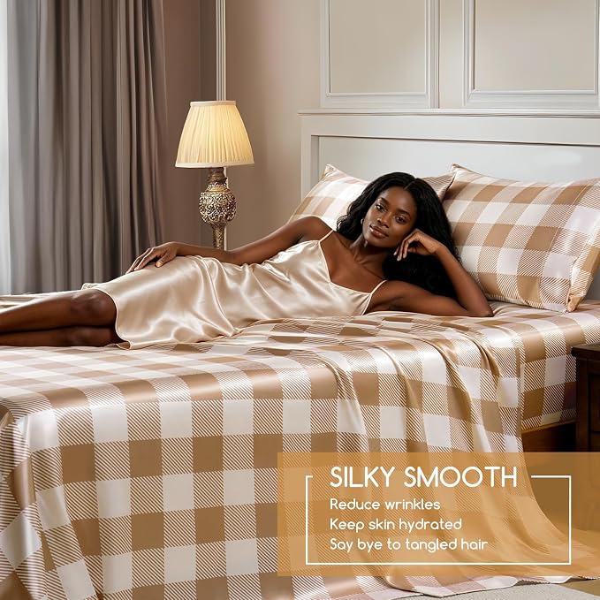 MR&HM Satin Sheets Queen Size with Elastic Corner Straps, Latte Check | Similar to Silk, 4-Piece Silky Soft Bed Sheet Set, Gentle on Skin and Hair, 15" Deep Pocket, Cooling & Breathable
