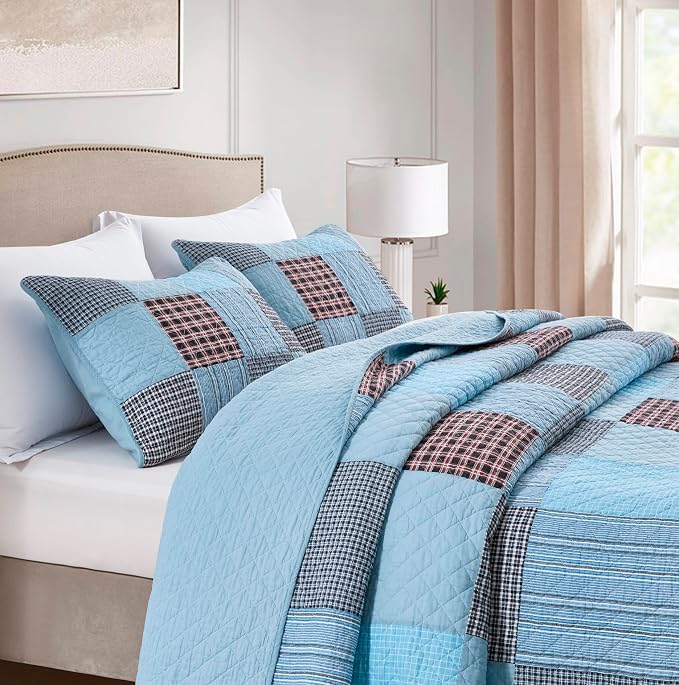 Chezmoi Collection Bram 3-Piece Patchwork Quilt Set King - Pre-Washed Cotton Solid Plaid Multi Striped Coverlet - Lightweight Reversible Bedspread Bedding Set King Size