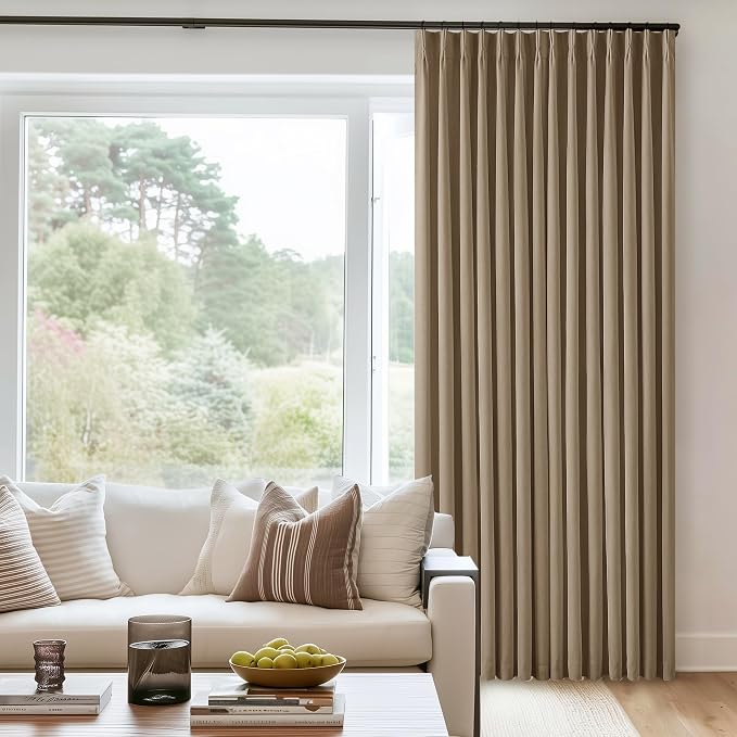 Light Brown Pinch Pleated 100% Blackout Linen Curtains 84 Inch Length 40x84 | Room Darkening Black Out with Liner, Noise Reducing, Pleat Back Tab, Tan Coffee Window Curtains, for Living Room Bedroom