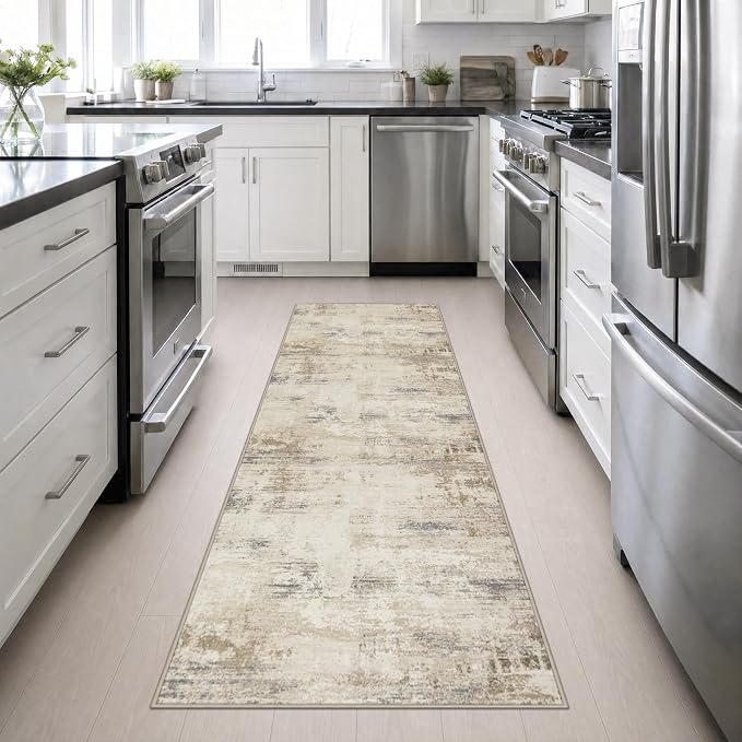2.6x10 Washable Runner Rug:Modern Abstract Soft Carpet Beige Brown | For Hallway, Bedroom, Kitchen, Laundry, Bathroom,Door Mat,Modern Abstract,Machine washable,Non-Slip,Stain Resistant,Indoor