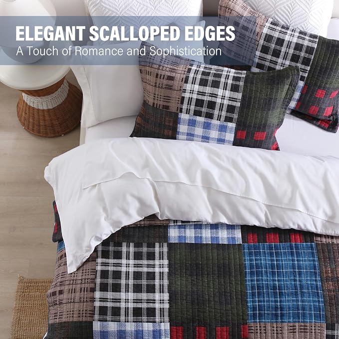 Quilt Set Queen Size, Cotton Patchwork Blue Black Checkered Patterns Quilt Sets, Reversible Bedspread Lightweight and Breathable for All Seasons, Soft Quilted Bedspread with 2 Pillow Shams
