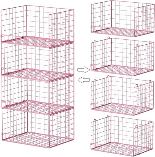4-Tier Closet Organizers and Storage, Stackable Closet Organizer Basket, Foldable Closet Shelf Organizer Basket, Stackable Storage Bins and Organizer Shelves for Home Closet Organizer System, Pink