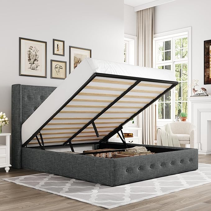 Allewie Full Size Lift Up Storage Button-Tufted Bed Frame Dark Grey | Modern Wingback Headboard, Hydraulic Support Storage, No Box Spring Needed