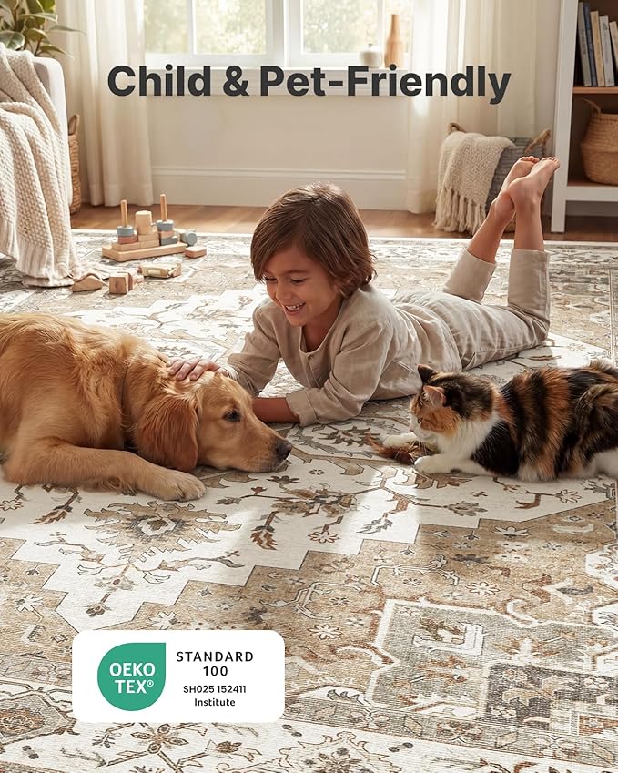 AMADA HOMEFURNISHING 9x12 Area Rugs, Low-Profile Large Washable Area Rug with Non-Slip Backing & Durable Edge Binding, Vintage Rugs for Living Room, Bedroom & Dinning Room