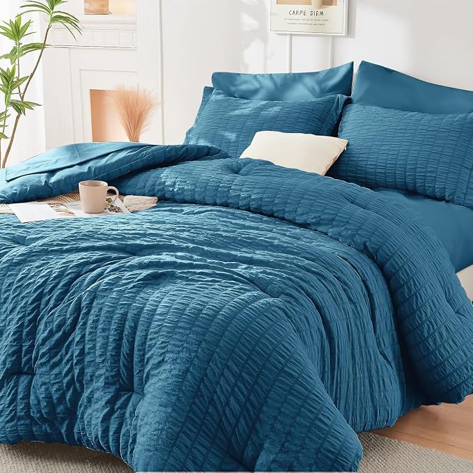 HYMOKEGE Teal Twin XL Comforter Set Seersucker 5 Pieces, All Season Luxury Bed in a Bag for Bedroom, Bedding Set with Comforter, Sheets, Pillowcase & Sham