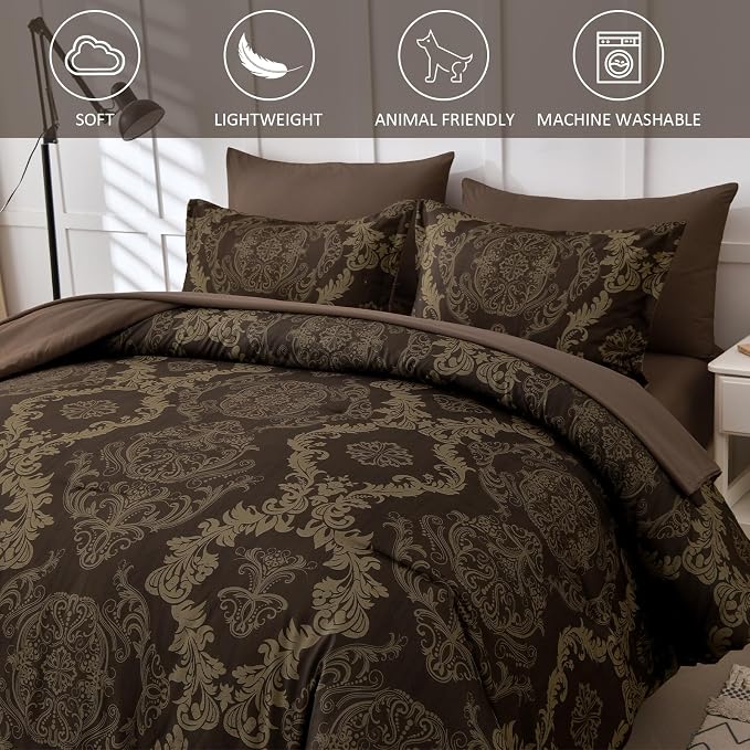 WONGS BEDDING Damask Comforter Set Queen Size, Coffee Gold Texture Design 7 Pcs Bed in a Bag Microfiber Comforter Bedding Sets -1 Comforter, 1 Flat Sheet, 1 Fitted Sheet, 2 Pillow Shams, 2 Pillowcases