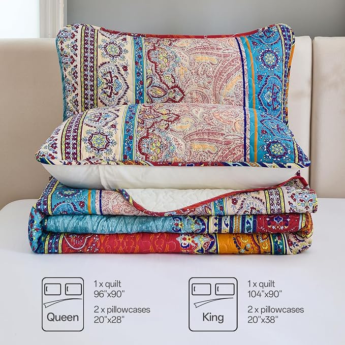 WONGS BEDDING Boho Quilt Queen Size,3 Pieces Blue Bedspread | Colorful Bohemian Striped Printed Bedding for All Season, Lightweight Microfiber Coverlet Set with 2 Pillowcases(96"x90")